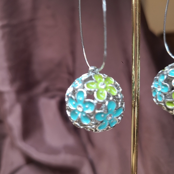 Floral Silvertone Hangar Earrings with Blue and Green Accents - Picture 2 of 3